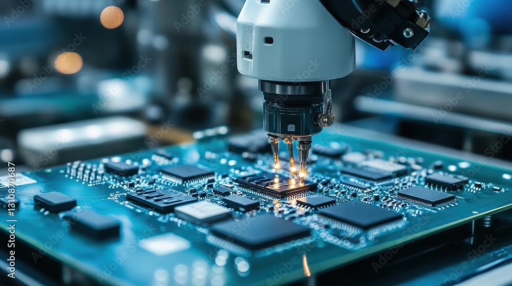 Poster robotic arm soldering a microchip onto a circuit board. illustrates automated manufacturing and tech