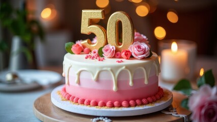 Elegant 50th birthday cake with pink and white frosting, adorned with roses and a golden "50" topper, perfect for milestone celebrations.