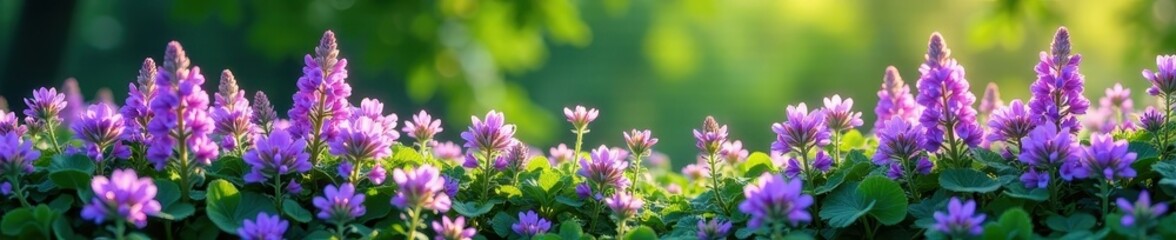 Fototapeta premium Dense purple flower border with full green foliage , foliage, image