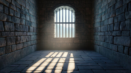 Fototapeta premium stone room with single barred window allowing light to filter in, creating shadows on floor. atmosphere feels both somber and serene