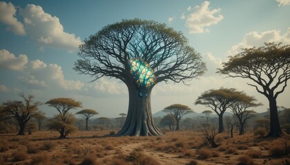 Obraz premium Mystical glowing crystal inside ancient baobab tree in African savanna landscape