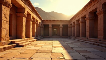 Fototapeta premium An ancient temple with stone columns and steps, illuminated by the setting sun, creating a serene and historical atmosphere.