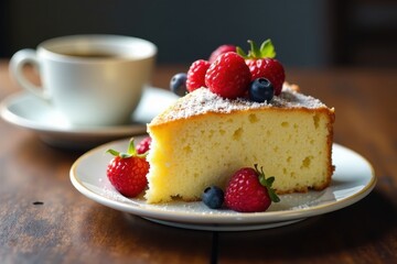 Fluffy vanilla cake with berries, served with a cup of black coffee , sugar, vanilla, cream