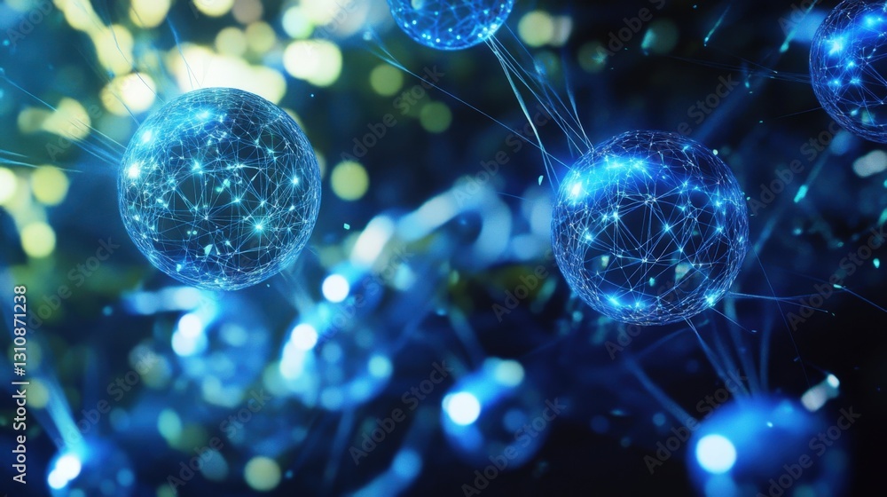 Poster futuristic spheres transferring data and information, forming a complex network of communication and