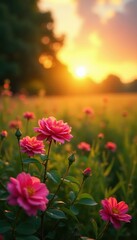 Fototapeta premium Golden sunrise bathes vibrant wild roses in lush meadow , fresh, vegetation