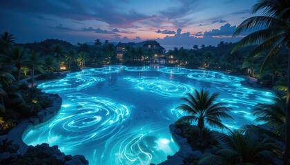 Obraz premium Serene Nighttime View of Illuminated Lagoon Pool in Tropical Resort