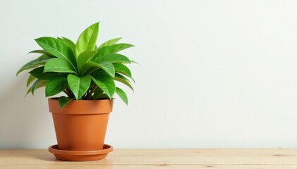 Obraz premium Green plant in terracotta pot on wooden table against white wall, flora, indoor plant, still life