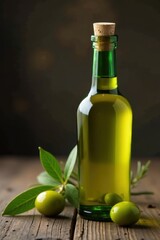 Green olive oil bottle, cork stopper, rustic setting, cork, cooking