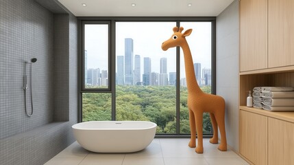 Playful Giraffe Toy in Modern Bathroom with Urban View