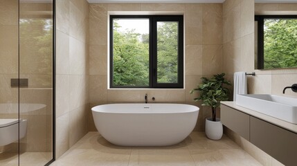 Fototapeta premium Modern Minimalist Bathroom with Natural Light and Greenery View