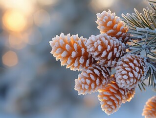 Fototapeta premium Macro Photograph of Ice Crystals Forming on Pine Cones with Soft Background Bokeh Effects