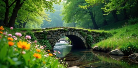 Misty Irish stone bridge, vibrant green foliage, wildflowers, bubbling stream, green, bridge