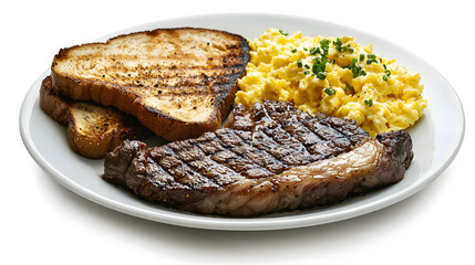 Hearty Breakfast Plate Featuring Thick Cut Steak, Toast, and Scrambled Eggs