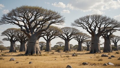 Majestic Baobab Trees in African Savanna Landscape under a Sunny Sky