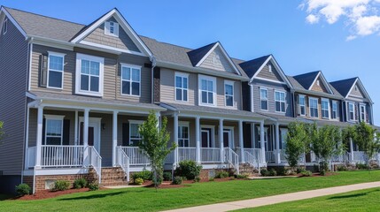 Row of charming townhouses on a sunny day. Perfect for real estate, home, and community concepts.