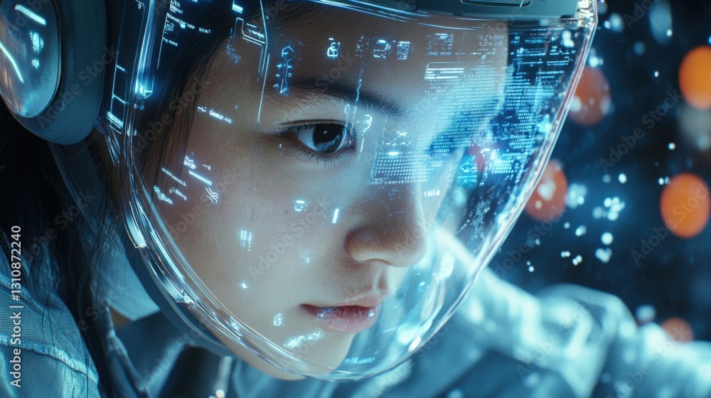 Poster astronaut wearing a helmet with a futuristic heads up display - hud - interface navigating the vastn