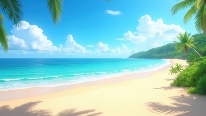 A serene beach landscape with turquoise waters, white sand, and lush greenery under a bright blue sky with fluffy clouds.