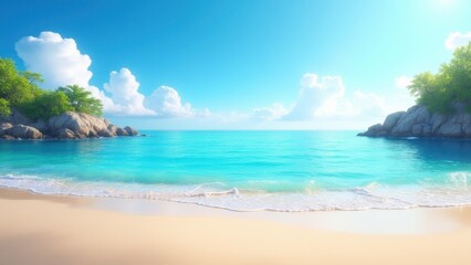 Fototapeta premium A serene beach landscape with turquoise waters, white sand, and lush greenery on rocky outcrops under a bright blue sky with fluffy clouds.