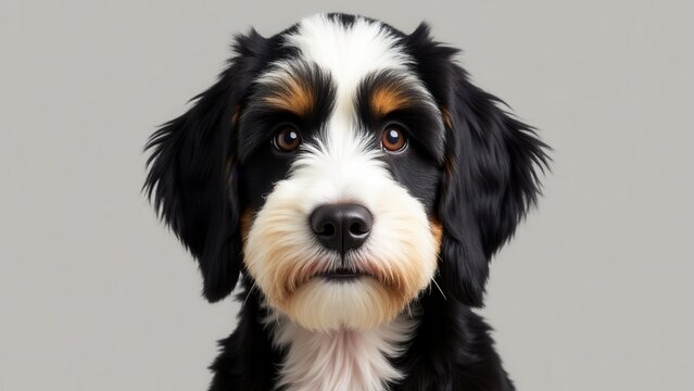 A bernedoodle adult with a black, white, and brown coat, looking directly at the camera against a plain background.