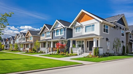 Obraz premium Row of modern houses on a sunny day. Ideal for real estate, homeownership, and neighborhood themes.