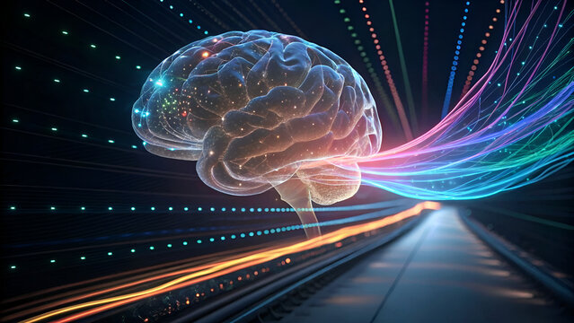 large language model deep learning adaptability Futuristic depiction of a brain with colorful data streams representing neural connections.