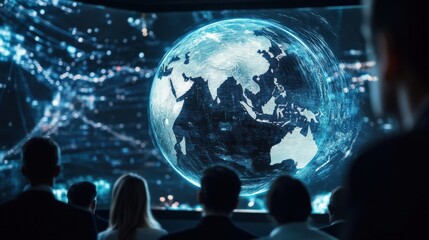 Business people watching a hologram of planet earth rotating with futuristic network connections and big data visualization during a meeting in a dark conference room