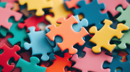 Colorful puzzle pieces scattered on surface create vibrant and playful atmosphere, inviting creativity and fun