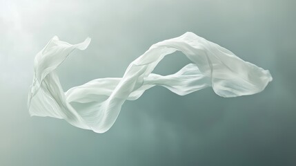 Fototapeta premium A delicate white ribbon twisting gracefully mid-air on a muted gray sky, ethereal soft lighting symbolizing loss and emotional depth