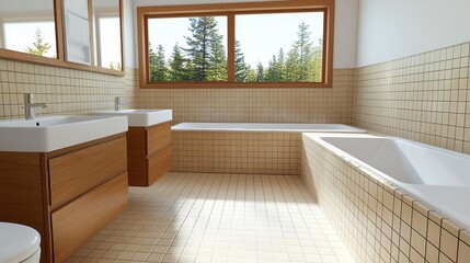 Fototapeta premium Modern Bathroom Interior Design with Wooden Accents and Natural Light