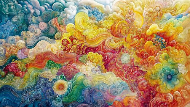 Colorful abstract painting depicting swirling clouds and vibrant patterns in a harmonious blend of colors