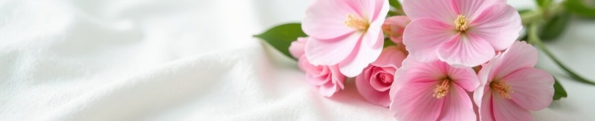 Naklejka premium Soft pink and white flower bouquet rests on pure white linen , bouquet, cloth