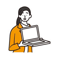 ノートパソコンを持つ上半身の女性会社員のシンプルなイラスト素材
