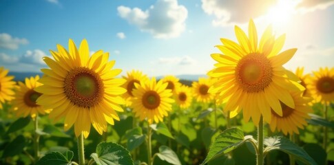Obraz premium Sunflowers in a sun-drenched field, summer day , golden hour, agriculture