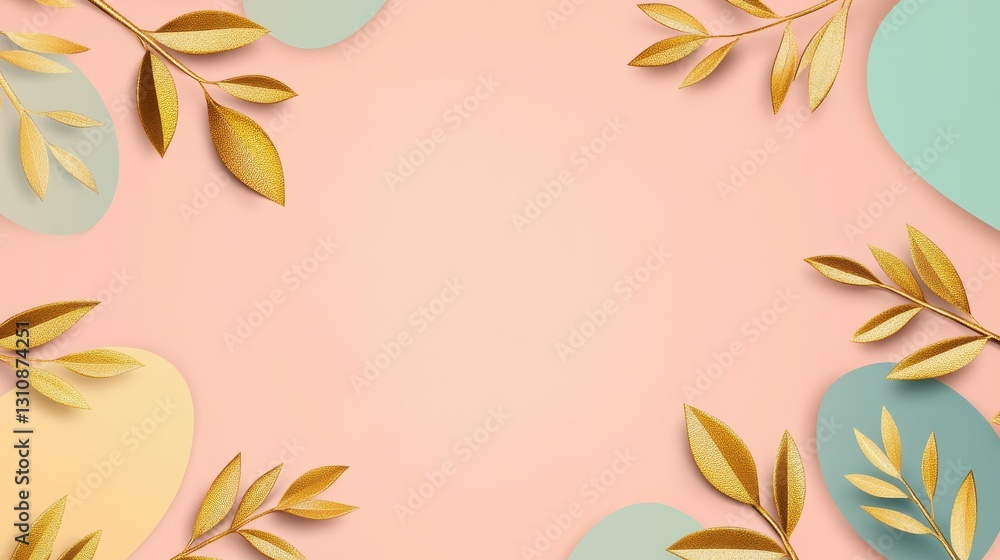 Poster a soft pastel background features golden leaves and abstract shapes, creating an elegant and modern 