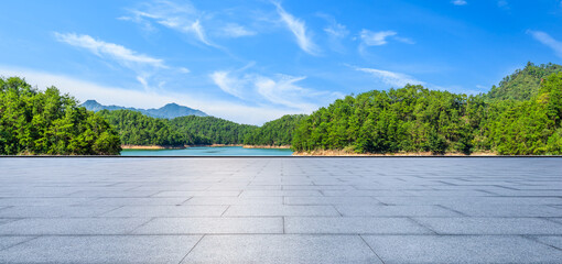 Empty square floor and beautiful lake with mountain natural landscape in summer
