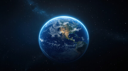 stunning view of Earth from space, showcasing its vibrant colors and swirling clouds against backdrop of stars. This captures beauty and fragility of our planet