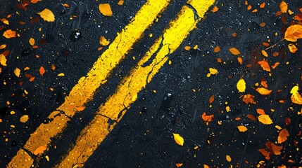 A detailed view of a rain-soaked asphalt road, yellow lane markings glowing under soft light, fallen leaves in various autumn shades, high contrast, realistic style