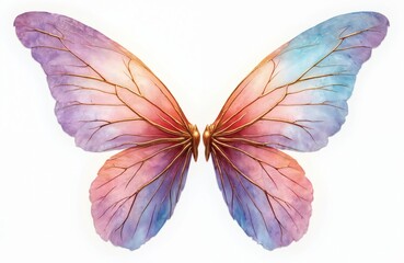Isolated pair of fantasy fairy wings on transparent background. Blue, purple, rose colors with gold veins. Magical dreamy angelic wings for clip art or decor elements.