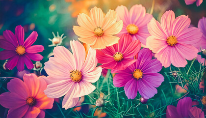 Vibrant Cosmos Flowers Blooming, a Breathtaking Display of Nature's Beauty in a Field of Blossoms, color toned; fantasy tropical theme