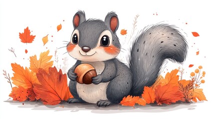 Cute squirrel holding an acorn surrounded by autumn leaves.