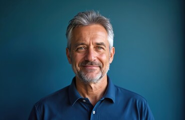 Obraz premium Handsome middle-aged man smiles, posing on blue background. Middle aged guy with grey hair, beard wears blue shirt in studio. Confident look, cheerful mood, mature model shows positive emotion.