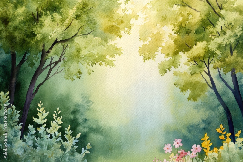Poster a serene forest scene with lush green trees and colorful flowers, illuminated by soft, diffused ligh