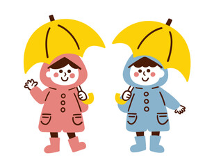 レインコートを着て傘をさした子どもたち／梅雨／ベクター手書きイラスト