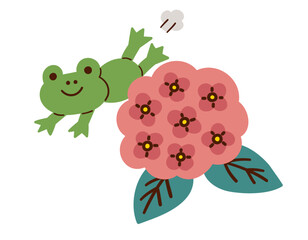 カエルと紫陽花／梅雨／ベクター手書きイラスト