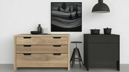 Modern Minimalist Kitchen Interior with Black and White