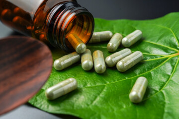 Herbal capsules Betel pepper leaf, pills Wildbetal leafbush, green leaf on a black background