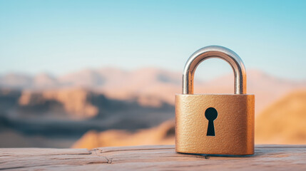 golden padlock stands prominently against blurred desert landscape, symbolizing security and protection. serene background enhances focus on lock, evoking sense of safety and trust