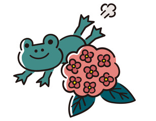 カエルと紫陽花／梅雨／ベクター手書き線画イラスト