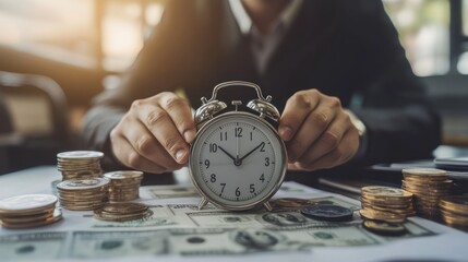 A person carefully holding a vintage alarm clock and money