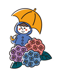 レインコートを着て傘をさす男の子と紫陽花／梅雨／ベクター手書き線画イラスト